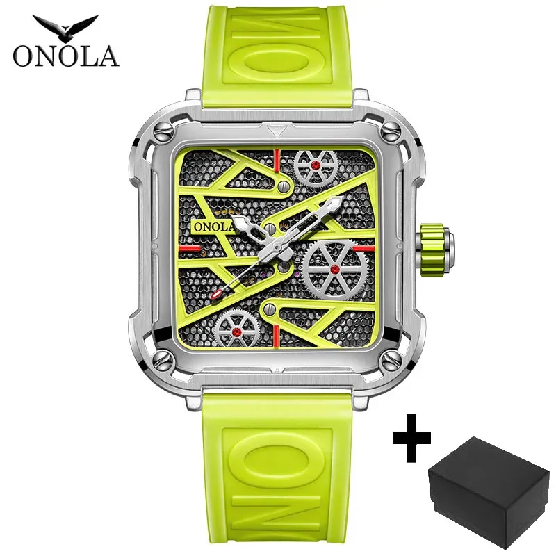 Fashion onola Mens Watch unique square mechanical wristwatch waterproof sport silicone strap automatic man wristwatches hot sale