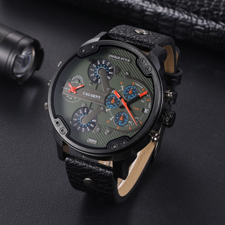 CAGARNY 6820 Men Dual Movement Green Face Leather Strap Quartz Watch-TIME.SHOP