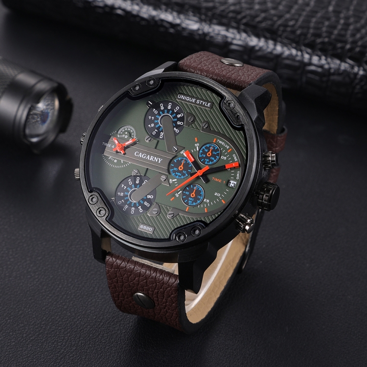 CAGARNY 6820 Men Dual Movement Green Face Leather Strap Quartz Watch-TIME.SHOP