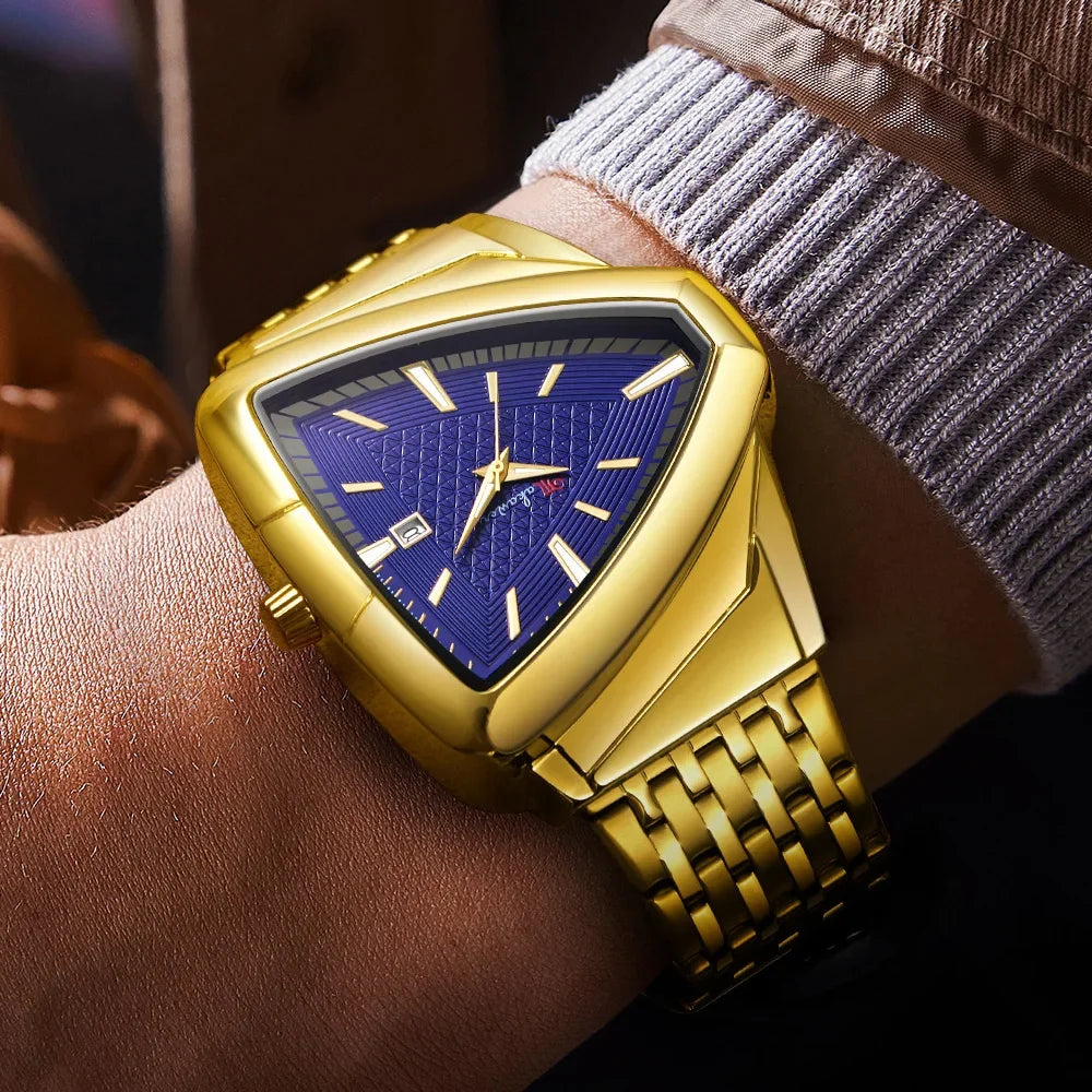 Triangle Men Sports Quartz Watch For Male Clock Golden Date Men Wrist Watches For Relogio Masculino Stainless Steel Band