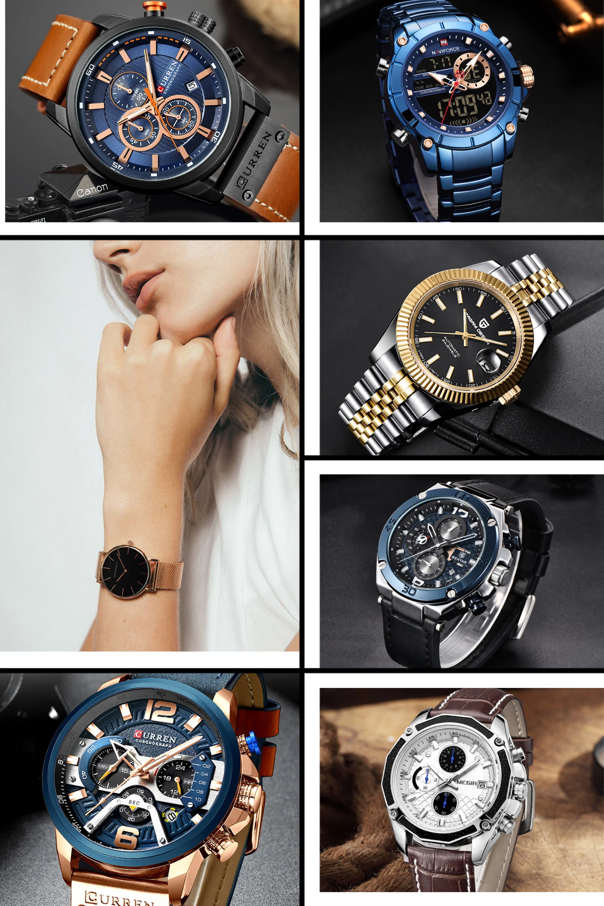 MEGIR 2076 Men'S Fashion Casual Quartz Movement Auto Date Leather Band Analog Watch Band Leather