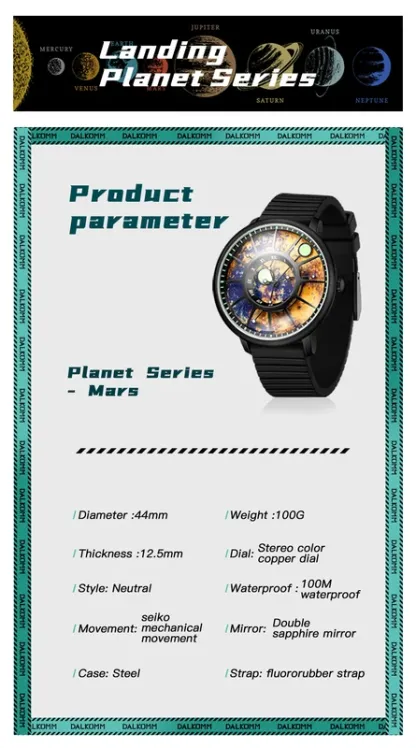 DALKOMM 2024 Design New Mechanical Watch NH35 Planet Theme Automatic Watch Men's Luminous Hands 100M Waterproof Rubber Strap