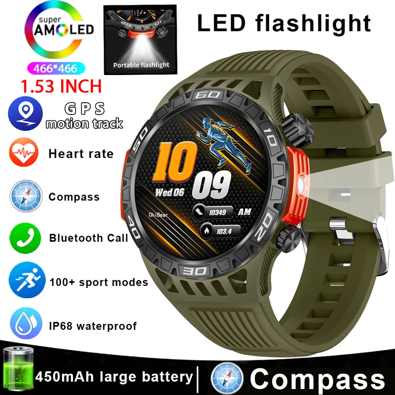 Smart watch men with LED lighting compass sports fitness tracker watch IP68 waterproof Bluetooth Talk smartwatch for Android iOS