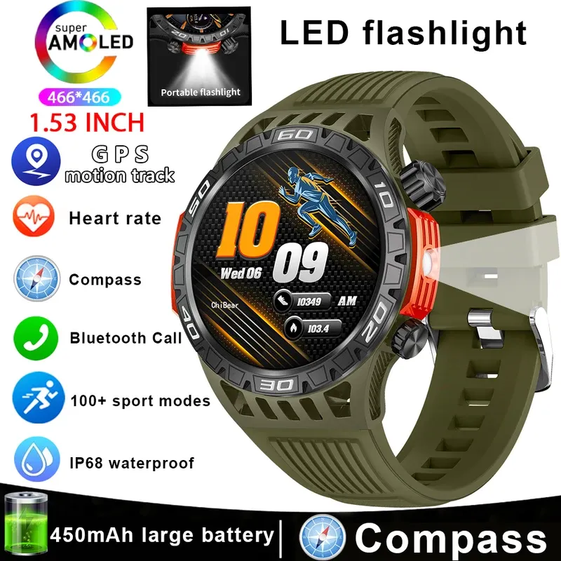 Smart watch men with LED lighting compass sports fitness tracker watch IP68 waterproof Bluetooth Talk smartwatch for Android iOS