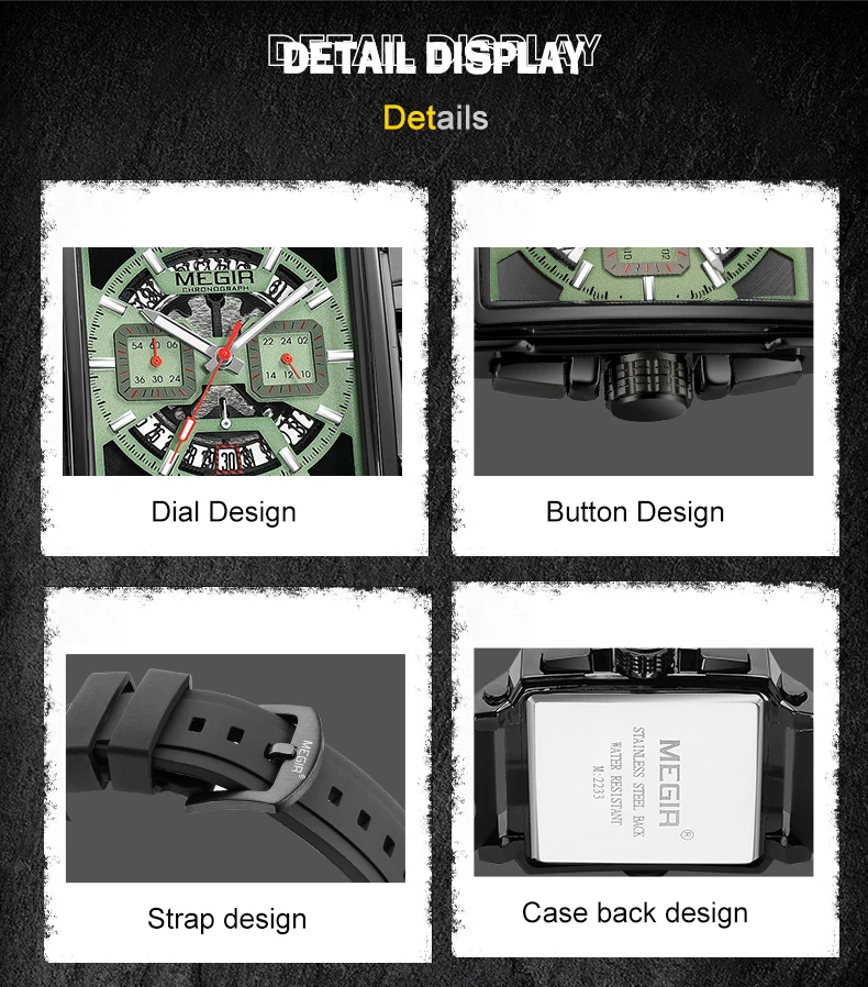 MEGIR 2233 Navy Blue Quartz Watch for Men Chronograph Waterproof Wristwatch with Silicone Strap Luminous Hands Date Square Dial