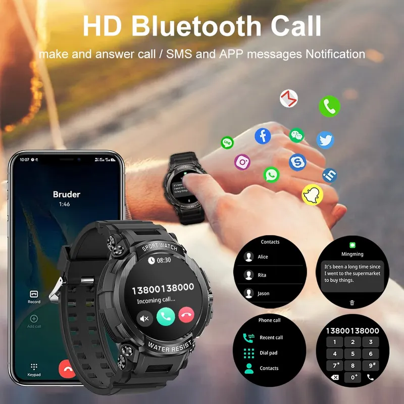 Hit 1.5 "Bluetooth call GPS smart watch men 120 sports fitness tracker health monitor smartwatch for Android iOS 600mAh T90