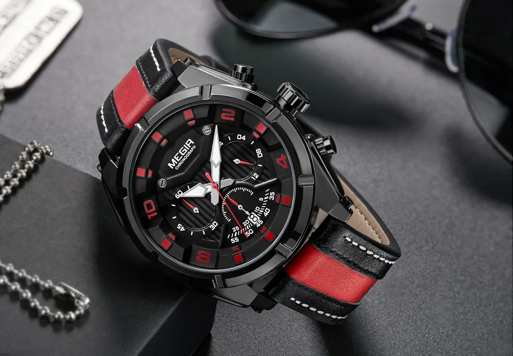 MEGIR 2076 Men'S Fashion Casual Quartz Movement Auto Date Leather Band Analog Watch Band Leather