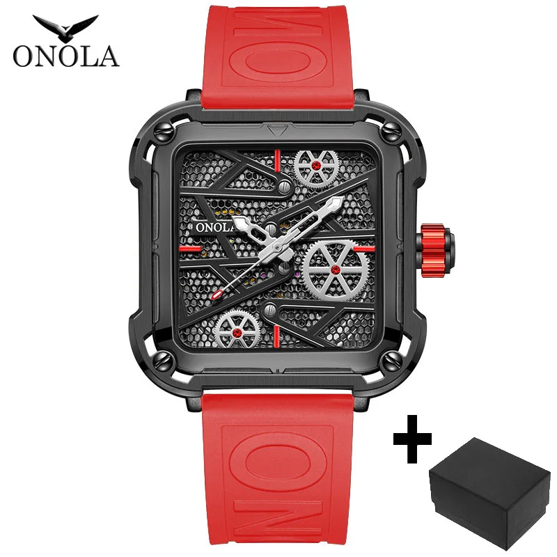 Fashion onola Mens Watch unique square mechanical wristwatch waterproof sport silicone strap automatic man wristwatches hot sale