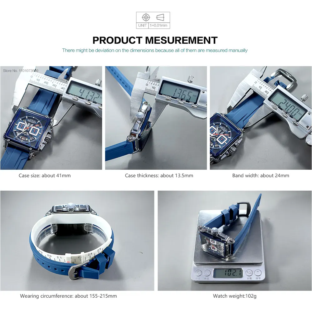 MEGIR 2233 Navy Blue Quartz Watch for Men Chronograph Waterproof Wristwatch with Silicone Strap Luminous Hands Date Square Dial