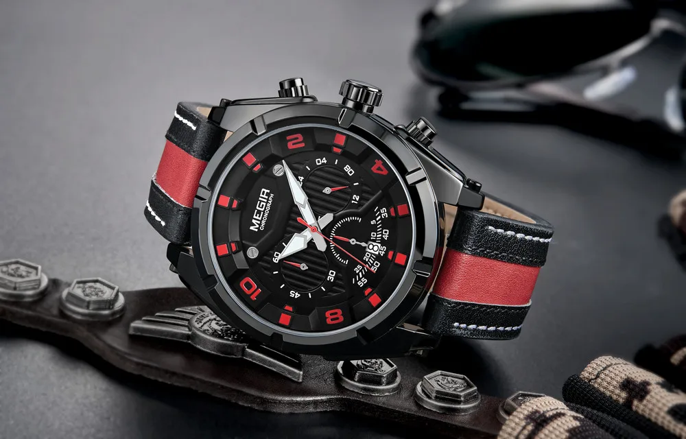 MEGIR 2076 Men'S Fashion Casual Quartz Movement Auto Date Leather Band Analog Watch Band Leather