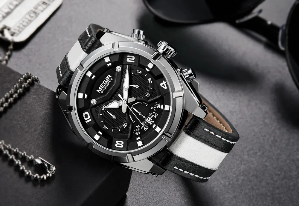 MEGIR 2076 Men'S Fashion Casual Quartz Movement Auto Date Leather Band Analog Watch Band Leather