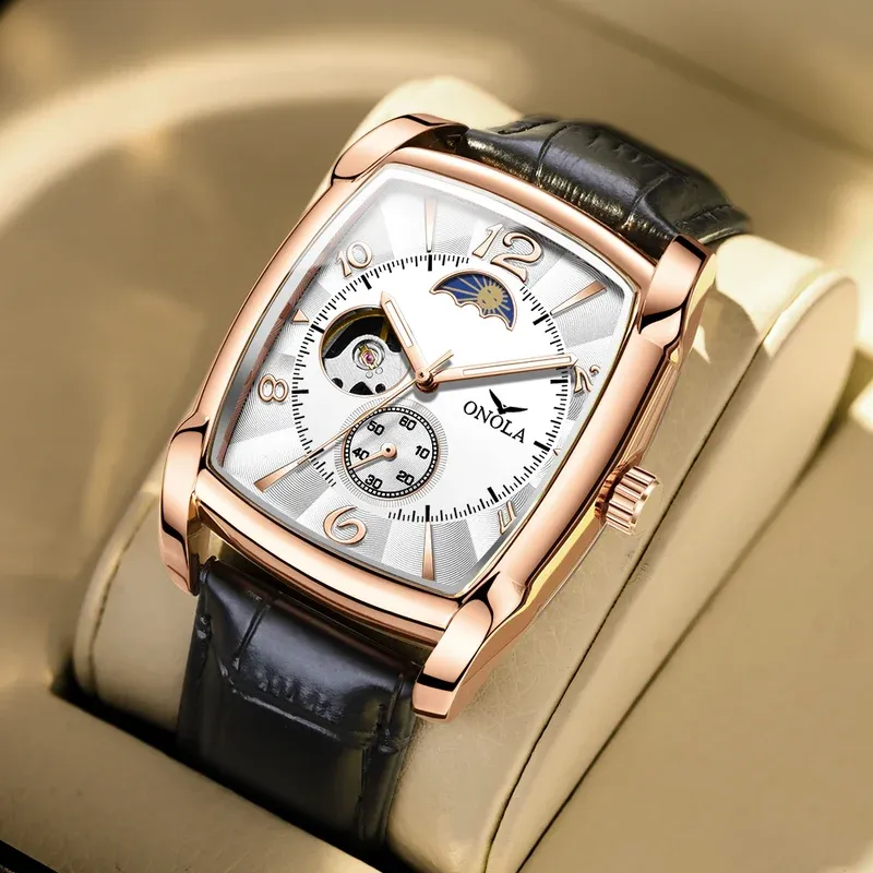 Brand ONOLA Top Luxury Fashion Men's Watches Luminous Square Mechanical Skeleton Sport Waterproof Male Automatic Watch Men