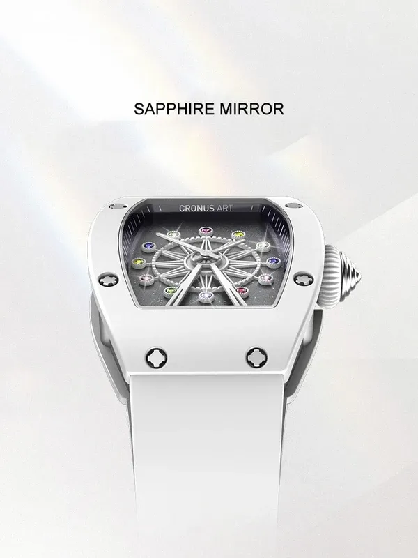 Cronusart women luxury watch tonneau ladies quartz wristwatch ceramic case Fluororubber strap rotatable Ferris wheel dial
