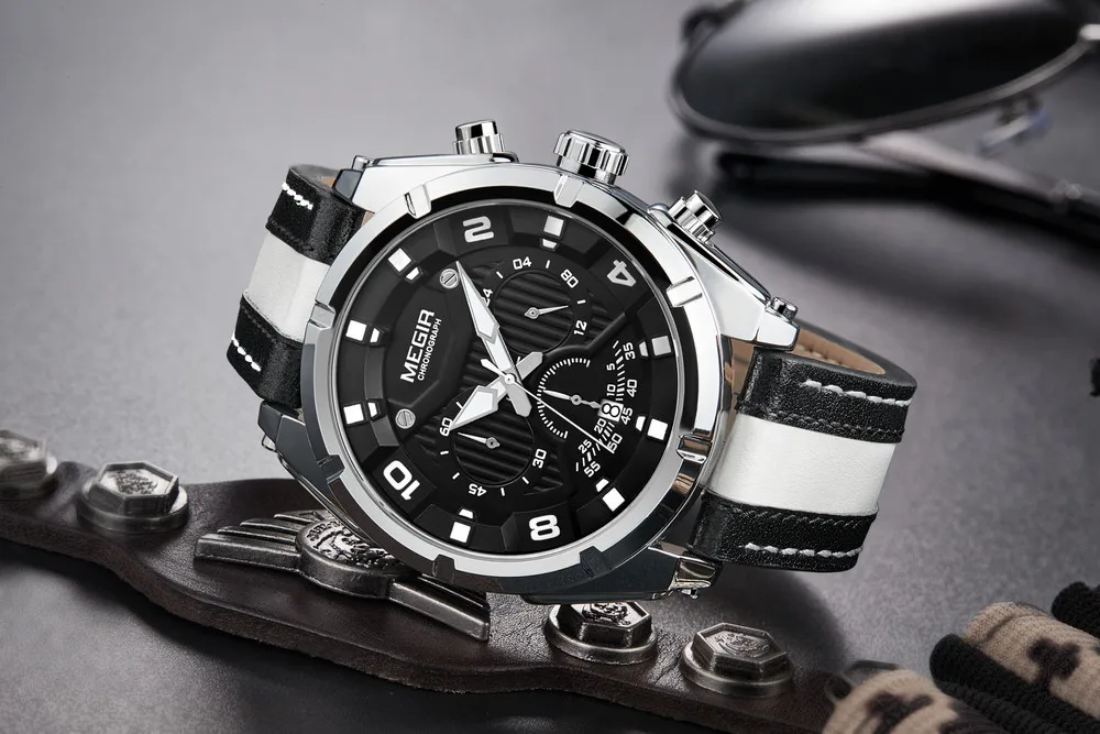 MEGIR 2076 Men'S Fashion Casual Quartz Movement Auto Date Leather Band Analog Watch Band Leather