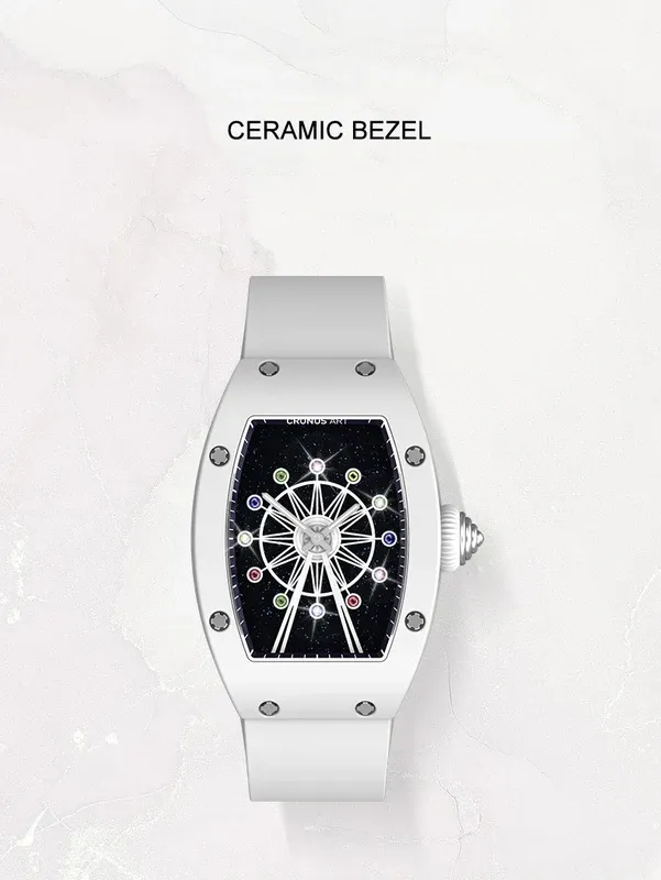 Cronusart women luxury watch tonneau ladies quartz wristwatch ceramic case Fluororubber strap rotatable Ferris wheel dial