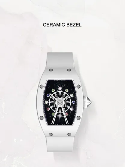 Cronusart women luxury watch tonneau ladies quartz wristwatch ceramic case Fluororubber strap rotatable Ferris wheel dial