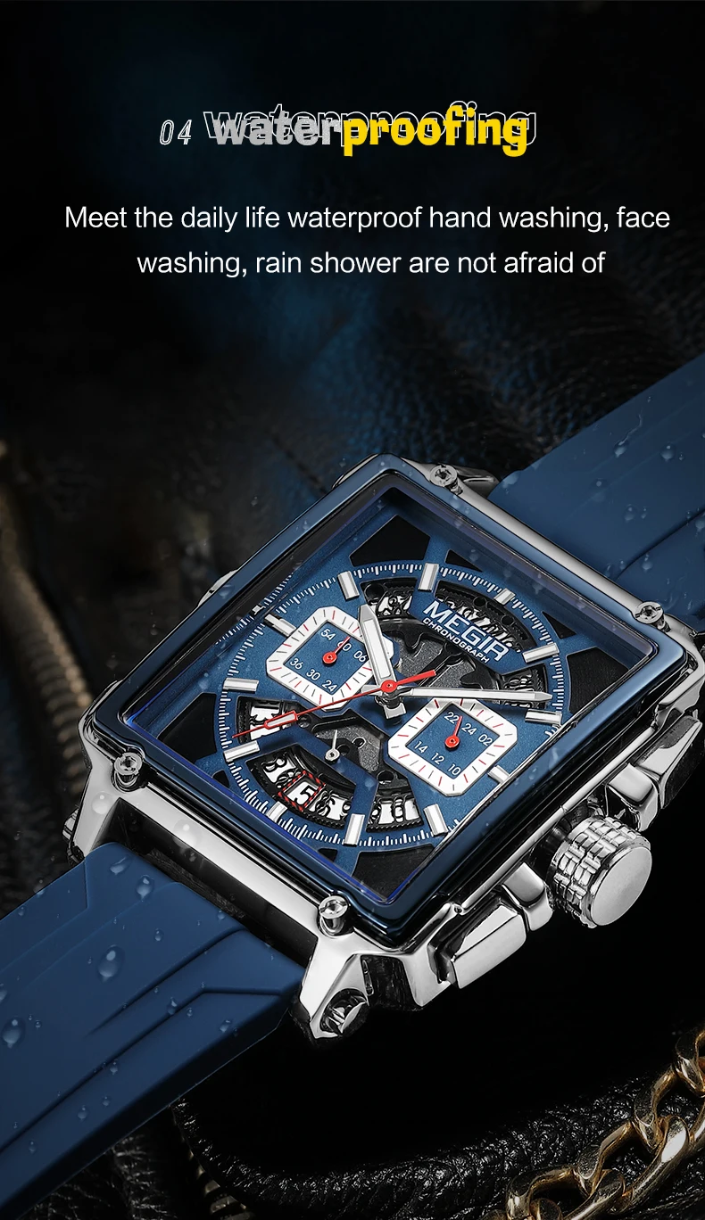 MEGIR 2233 Navy Blue Quartz Watch for Men Chronograph Waterproof Wristwatch with Silicone Strap Luminous Hands Date Square Dial
