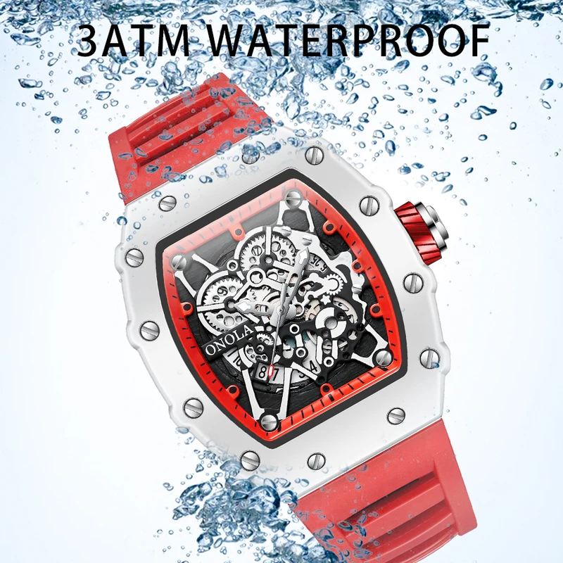 Fashion brand onola men's quartz wristwatch casual luminous waterproof wristwatches tonneau sports silicone strap man watch 2024