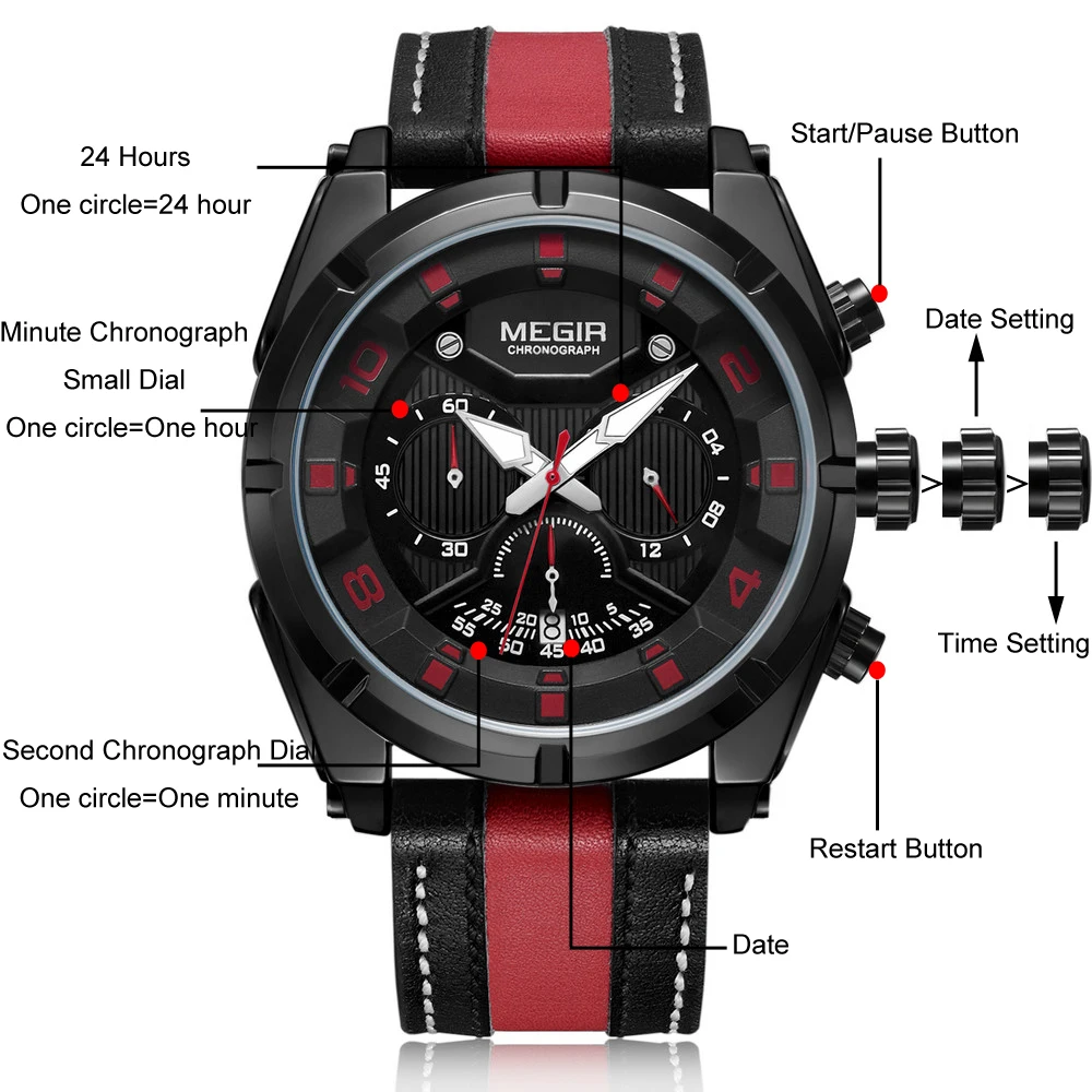 MEGIR 2076 Men'S Fashion Casual Quartz Movement Auto Date Leather Band Analog Watch Band Leather