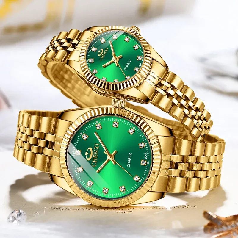 Chenxi lover watches luxury business stainless steel gold watch men classic waterproof watch for women rhinestone couple gift