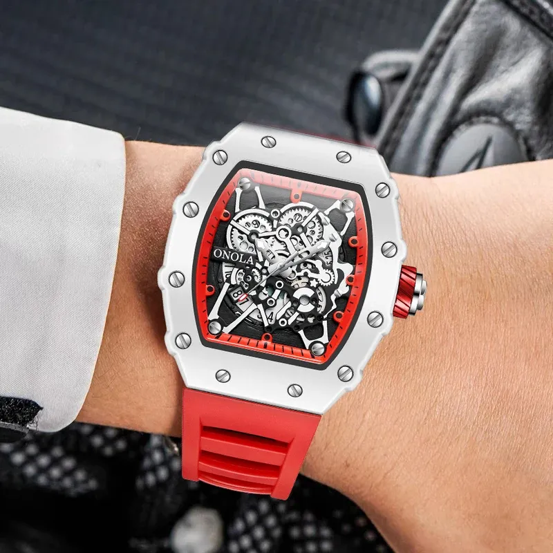 Fashion brand onola men's quartz wristwatch casual luminous waterproof wristwatches tonneau sports silicone strap man watch 2024