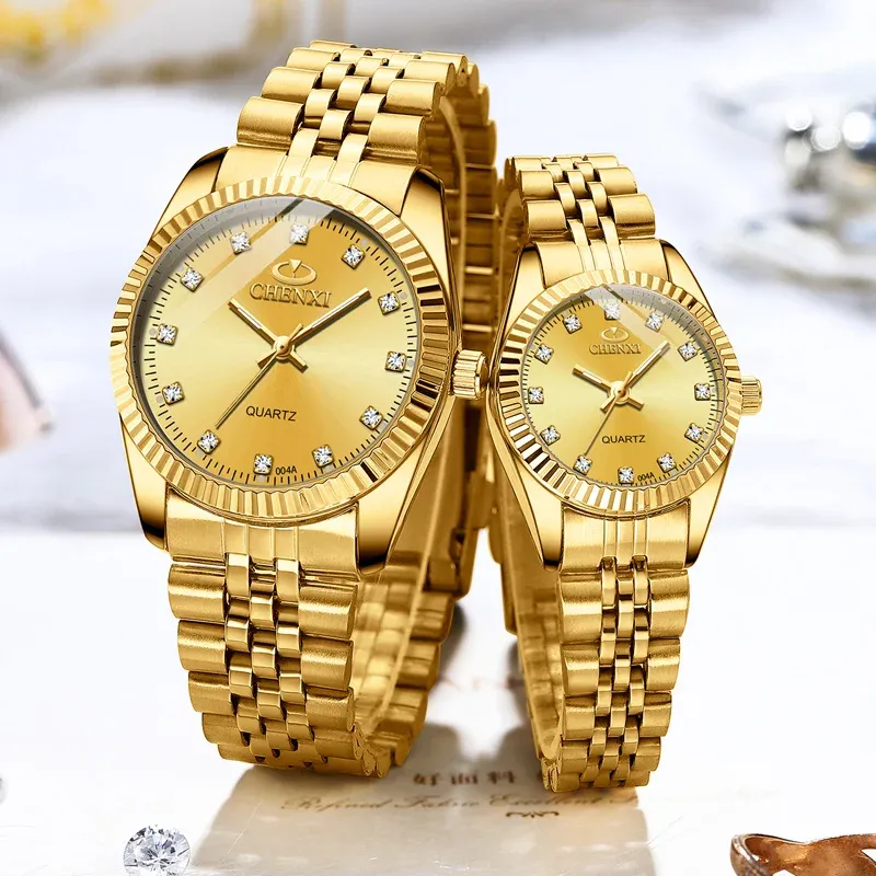 Chenxi lover watches luxury business stainless steel gold watch men classic waterproof watch for women rhinestone couple gift