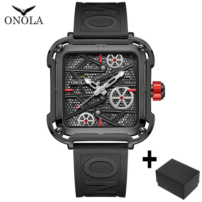 Fashion onola Mens Watch unique square mechanical wristwatch waterproof sport silicone strap automatic man wristwatches hot sale