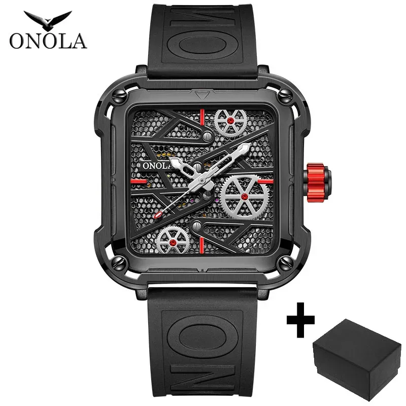 Fashion onola Mens Watch unique square mechanical wristwatch waterproof sport silicone strap automatic man wristwatches hot sale