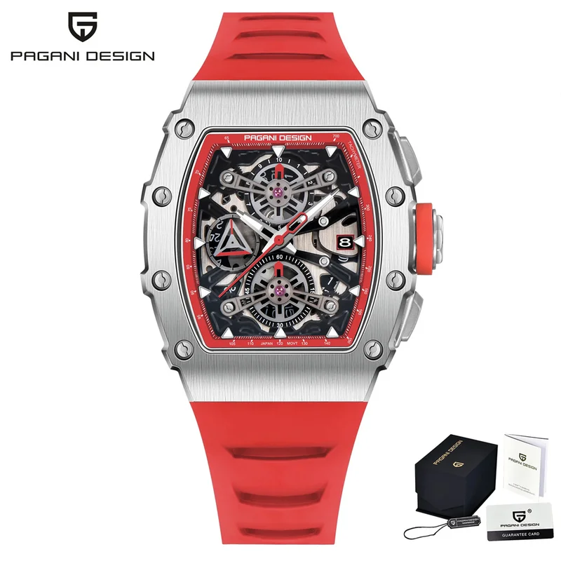 Pagani Design Men's Quartz Watches Japan Movt Skeleton Dial Waterproof Sport Rectangle Sapphire Glass Chronograph Watch For Men