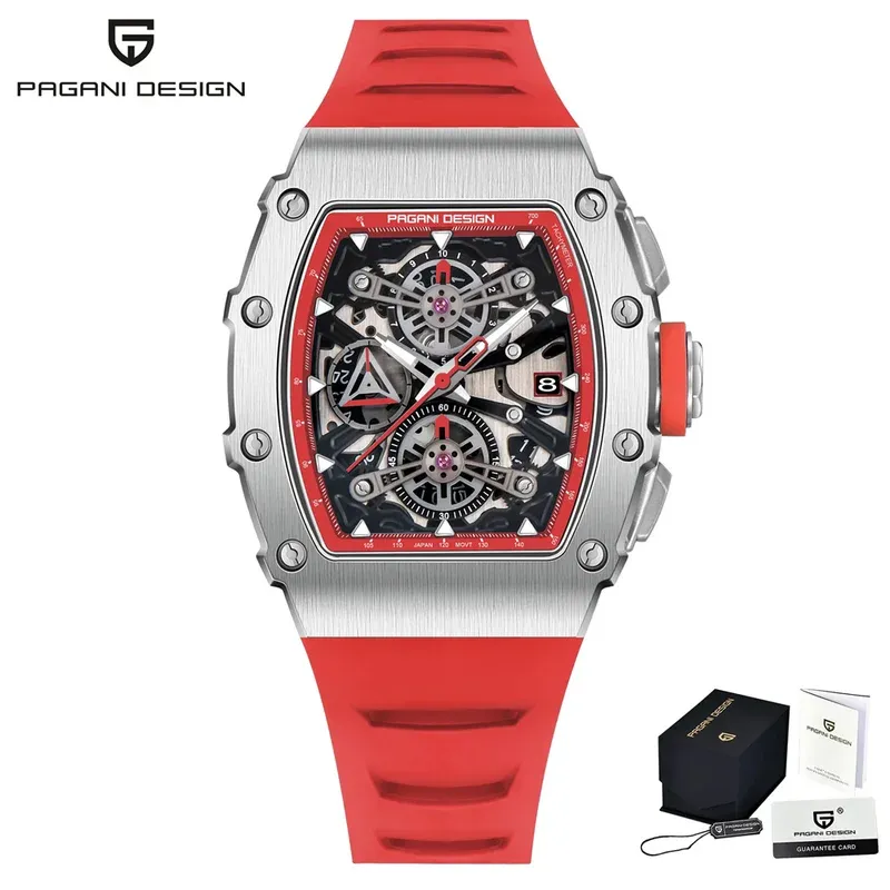 Pagani Design Men's Quartz Watches Japan Movt Skeleton Dial Waterproof Sport Rectangle Sapphire Glass Chronograph Watch For Men