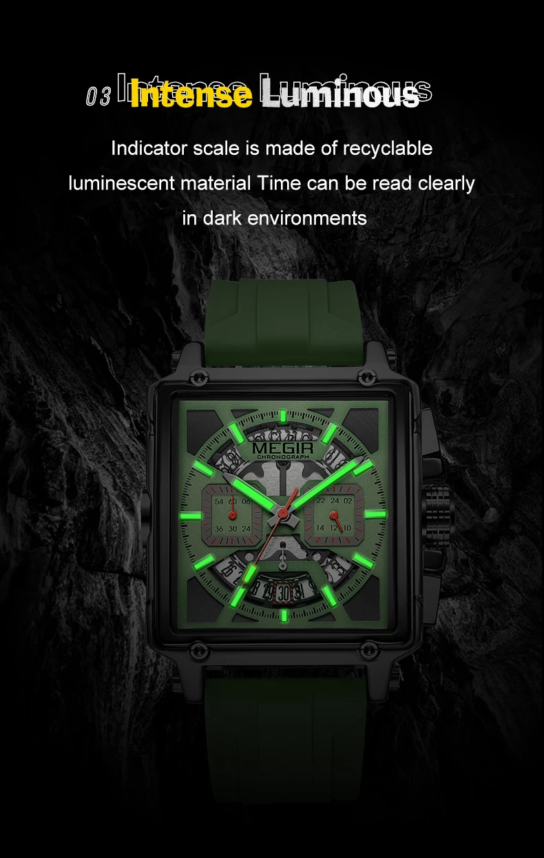 MEGIR 2233 Navy Blue Quartz Watch for Men Chronograph Waterproof Wristwatch with Silicone Strap Luminous Hands Date Square Dial