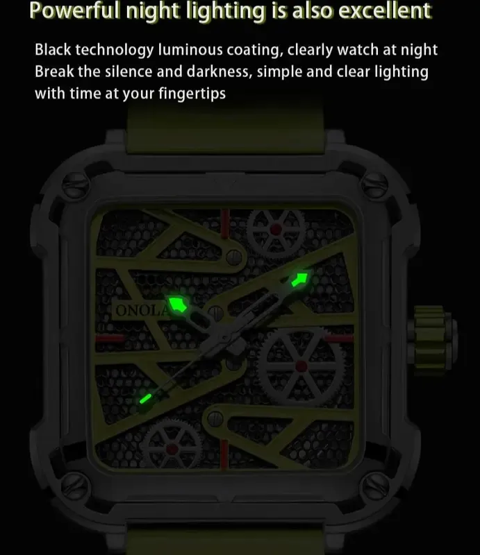 Fashion onola Mens Watch unique square mechanical wristwatch waterproof sport silicone strap automatic man wristwatches hot sale