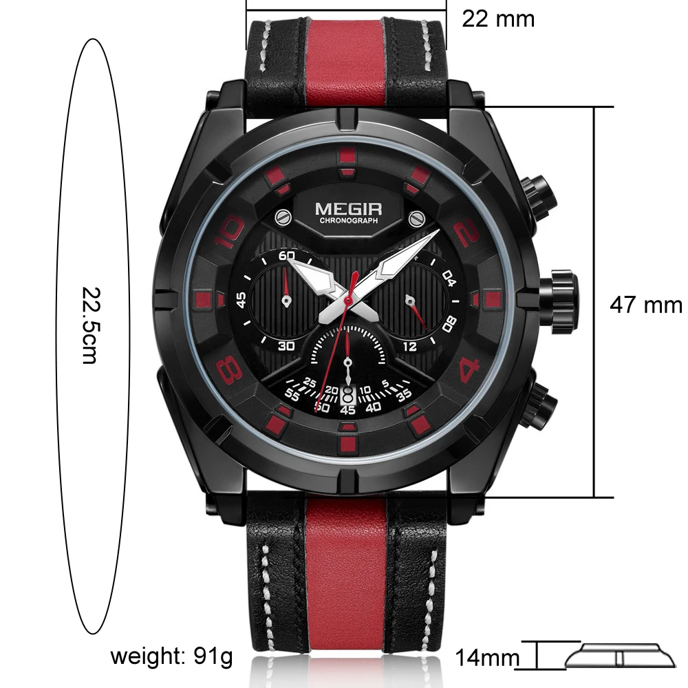 MEGIR 2076 Men'S Fashion Casual Quartz Movement Auto Date Leather Band Analog Watch Band Leather