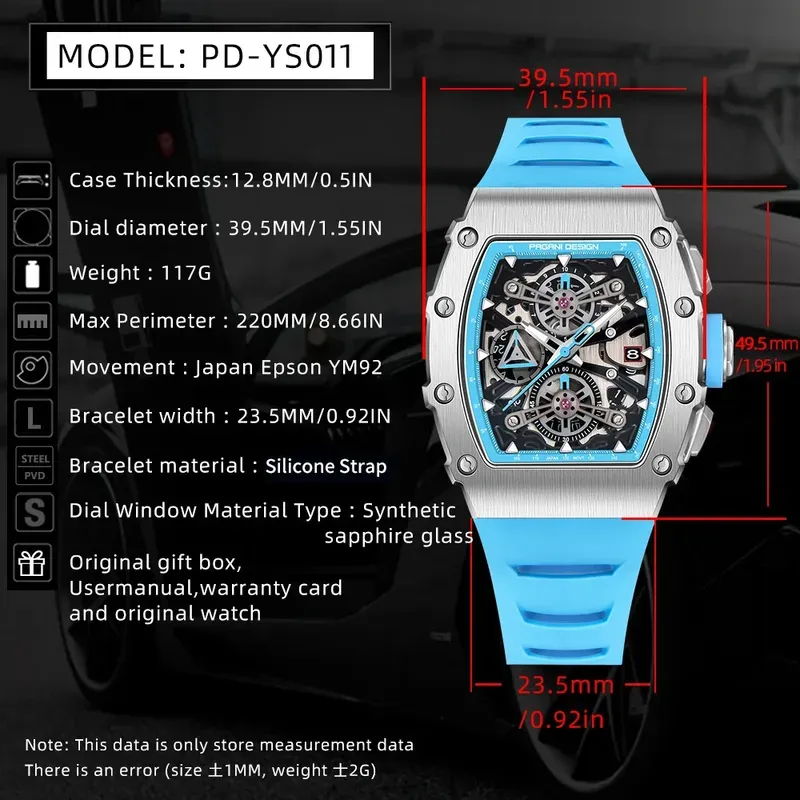 Pagani Design Men's Quartz Watches Japan Movt Skeleton Dial Waterproof Sport Rectangle Sapphire Glass Chronograph Watch For Men