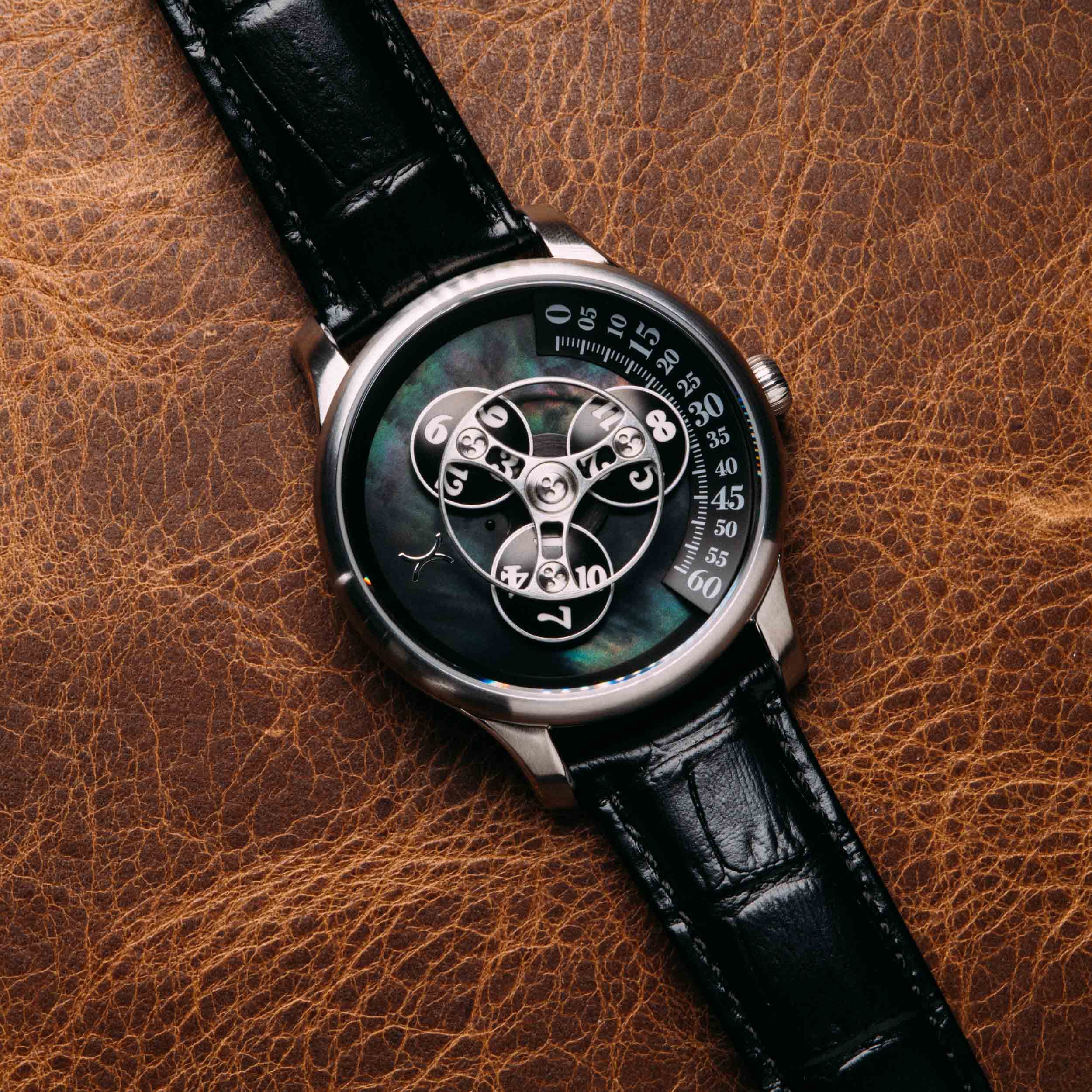 Xeric Triptych Automatic Wandering Hour Stone Edition Black Mother of Pearl-TIME.SHOP