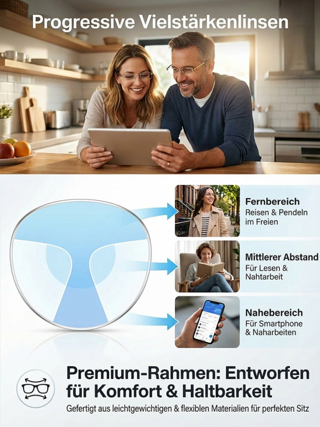 Fotosensible, farbwechselnde, ultraleichte randlose Lesebrille.