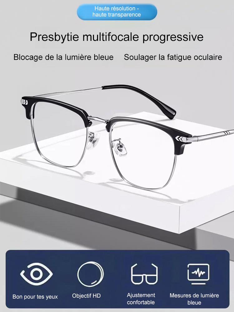 Lunettes de lecture anti-lumière bleue avec cadre de sourcils à zoom automatique