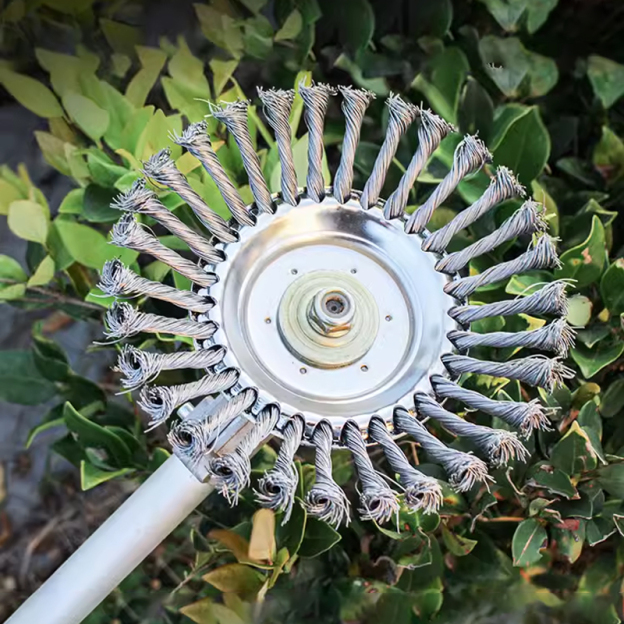 Tête de tondeuse à gazon à roue de désherbage à fil