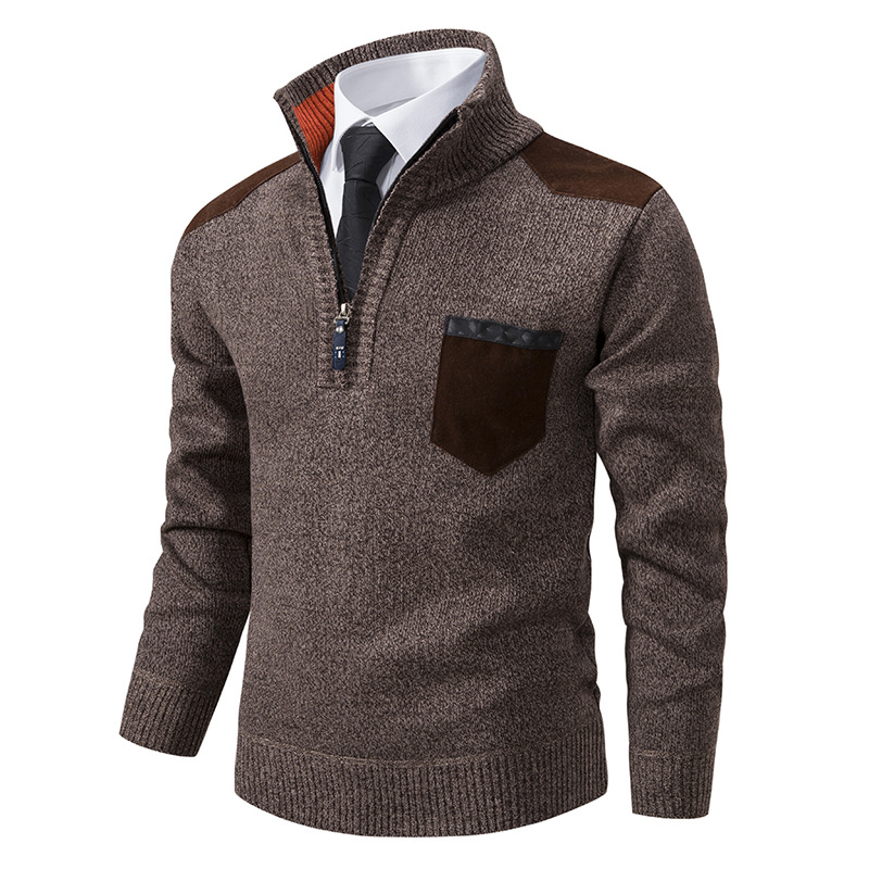 Men's Retro Zipper Stand Collar Contrast Color Pullover Sweater