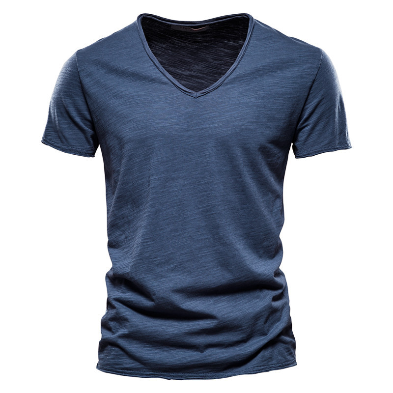 Summer foreign trade hot men's new style solid color bamboo cotton V-neck short-sleeved T-shirt pure cotton hot sale European and American men's clothing