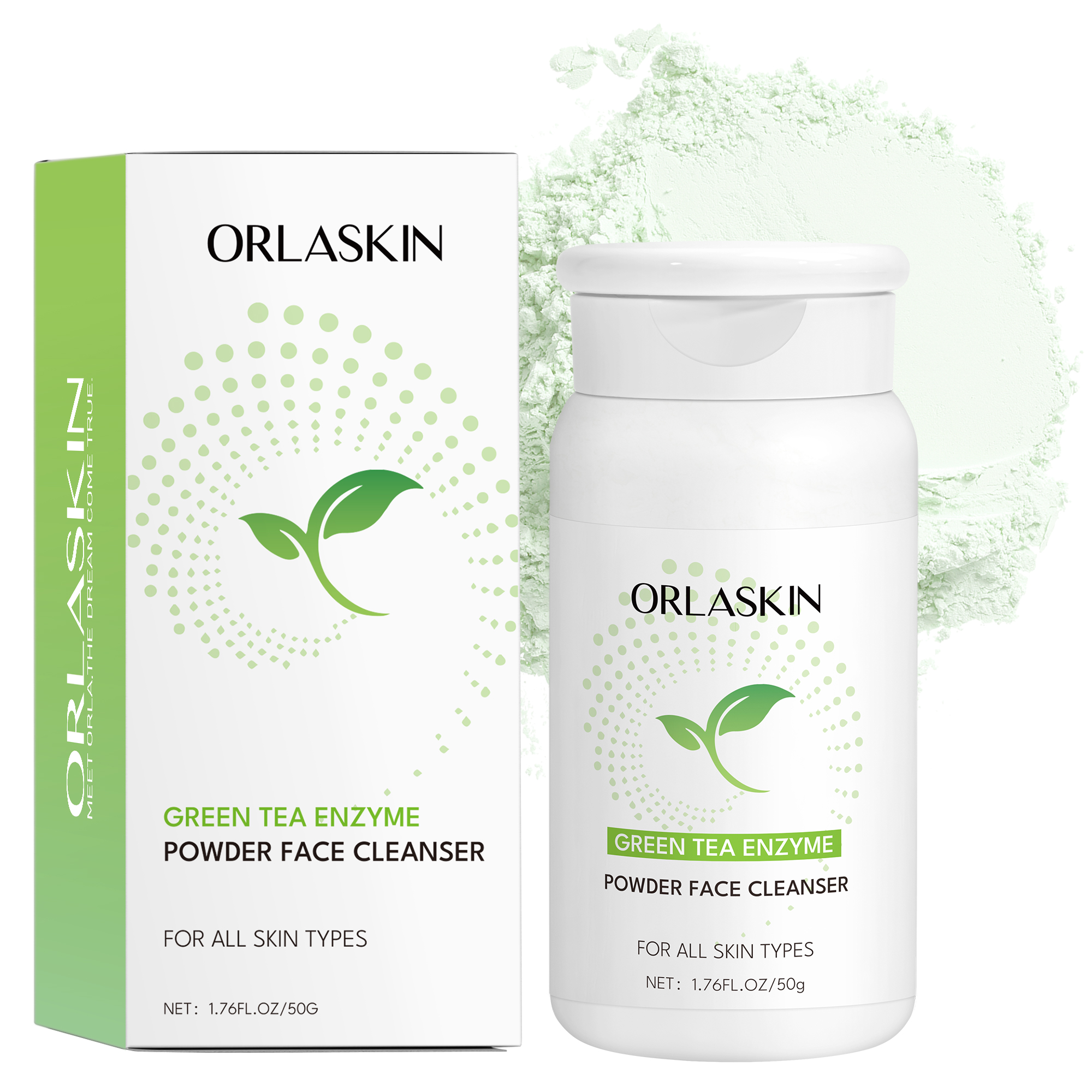 Green tea enzyme facial cleansing powder gently cleanses pores and purifies skin, suitable for oily and sensitive skin. 50g portable pack for daily cleansing and care.