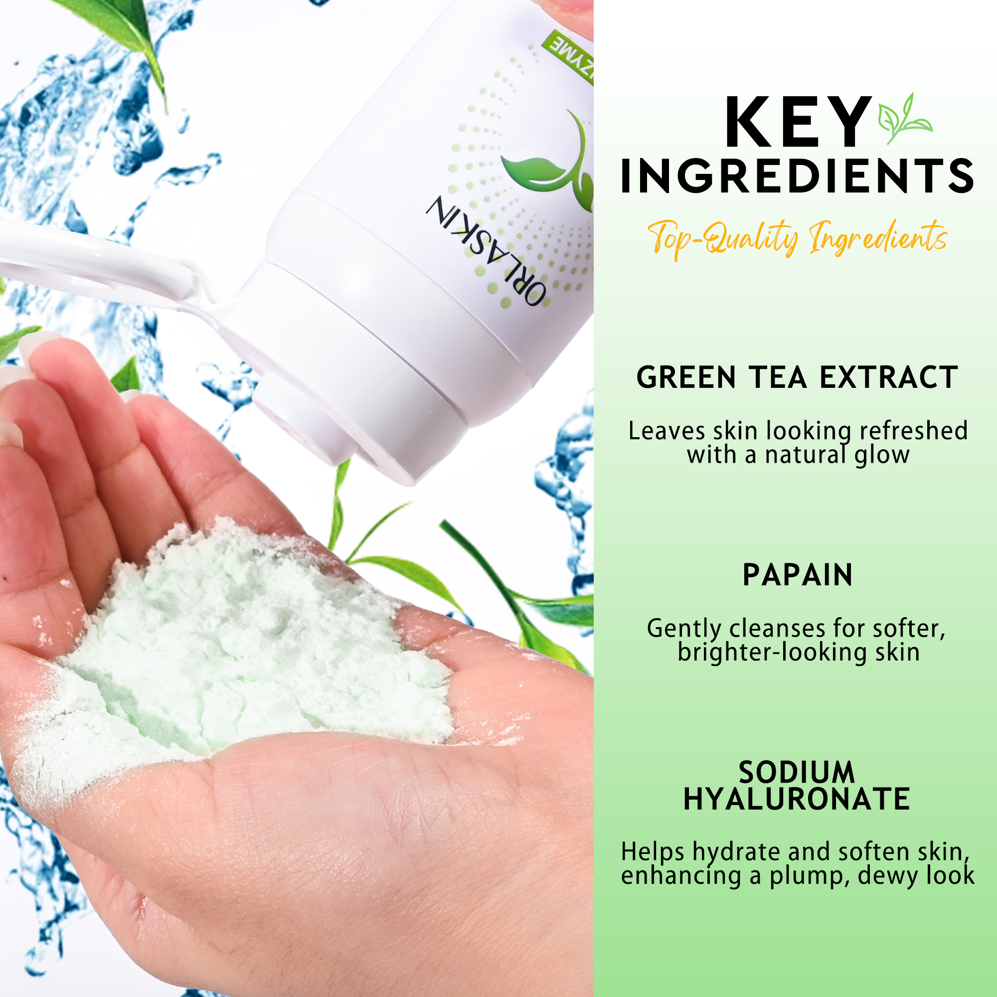 Green tea enzyme facial cleansing powder gently cleanses pores and purifies skin, suitable for oily and sensitive skin. 50g portable pack for daily cleansing and care.