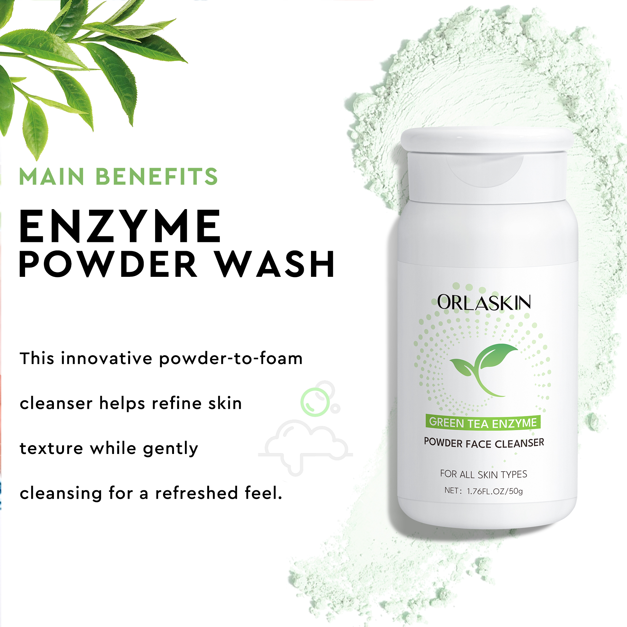 Green tea enzyme facial cleansing powder gently cleanses pores and purifies skin, suitable for oily and sensitive skin. 50g portable pack for daily cleansing and care.