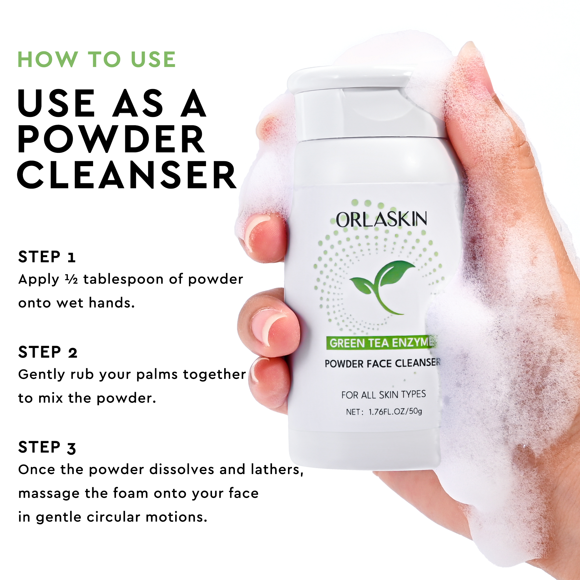 Green tea enzyme facial cleansing powder gently cleanses pores and purifies skin, suitable for oily and sensitive skin. 50g portable pack for daily cleansing and care.