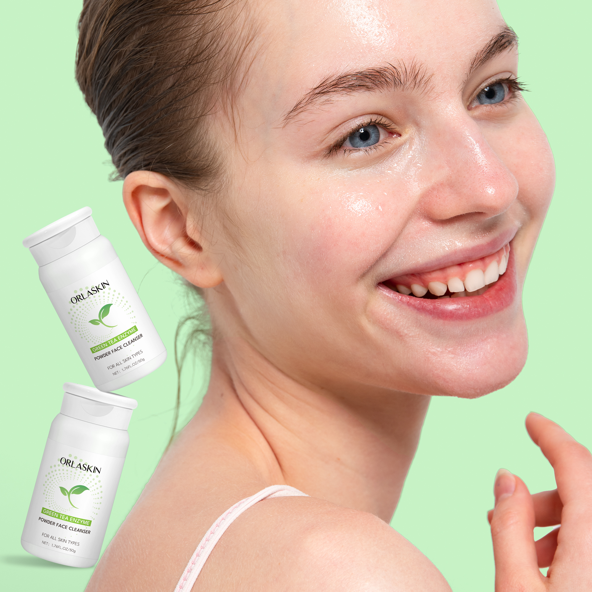 Green tea enzyme facial cleansing powder gently cleanses pores and purifies skin, suitable for oily and sensitive skin. 50g portable pack for daily cleansing and care.