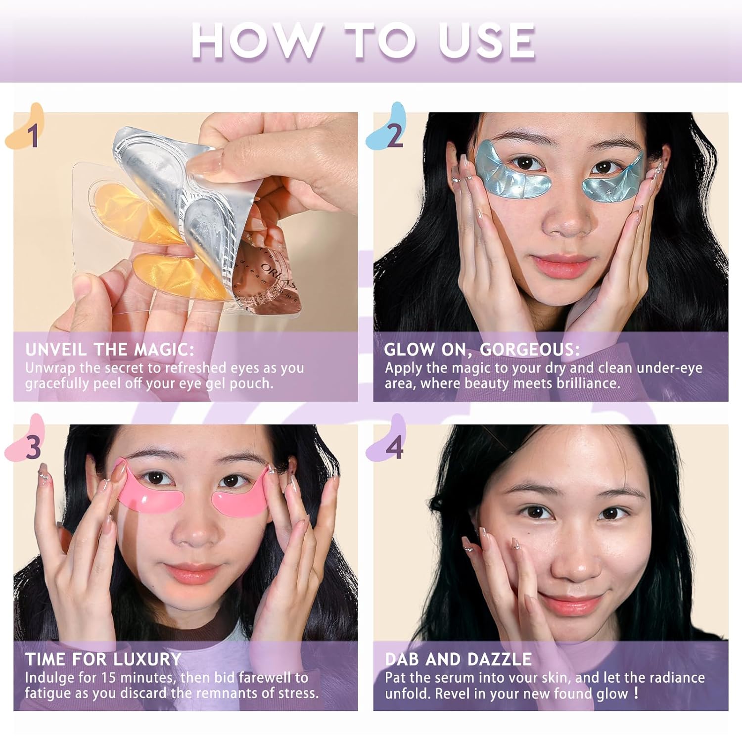 24K Gold Collagen Hyaluronic Acid Eye Patches - Soothing Relief for Puffy Eyes, Dark Circles & Wrinkles (30 Pairs)