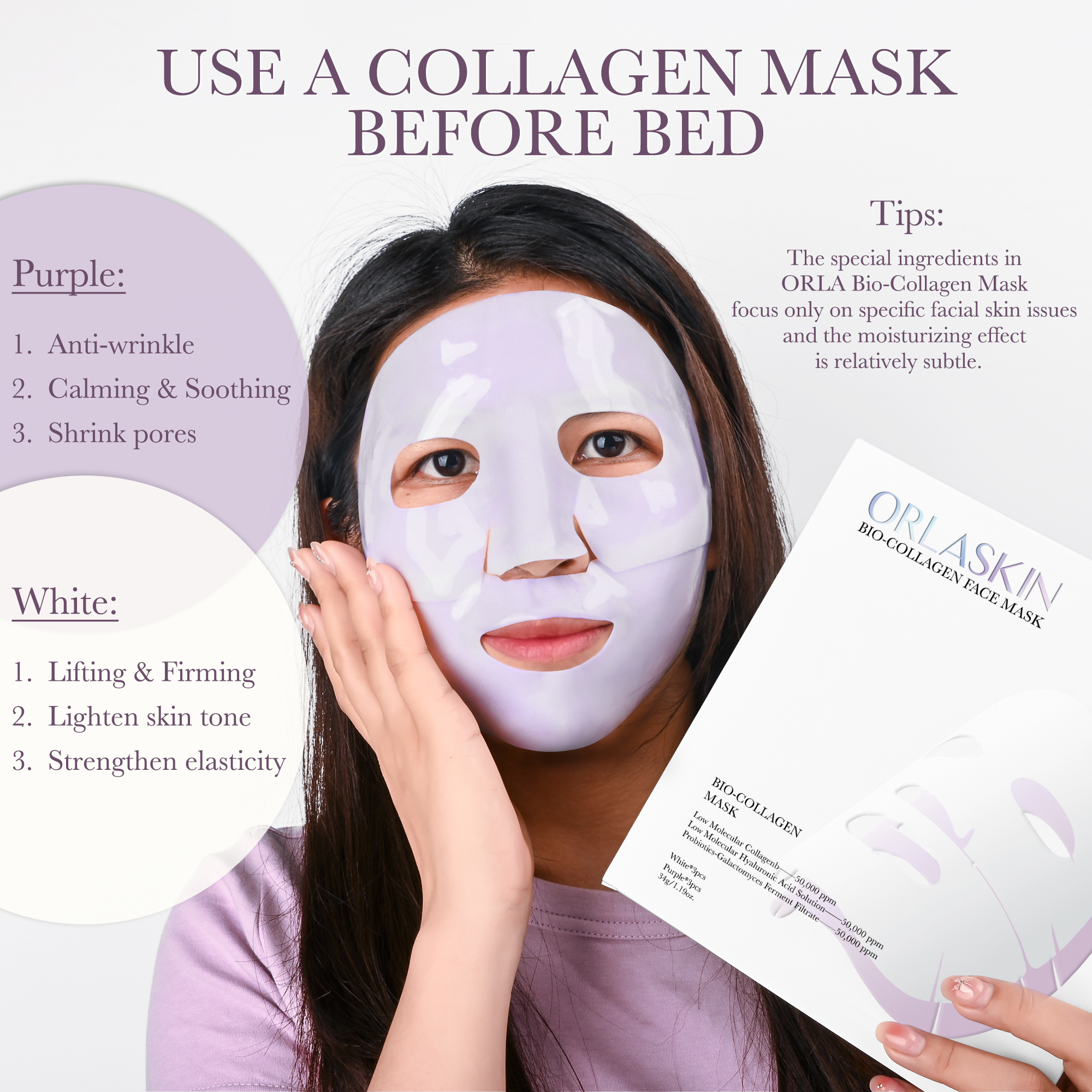 6PCS Collagen Face Mask Overnight Bio-Collagen Real Deep Mask Skincare Deep Collagen Anti Wrinkle Lifting Mask for Pore Minimizing Firming Elasticity and Wrinkle(3pcs White&3pcs Purple) 