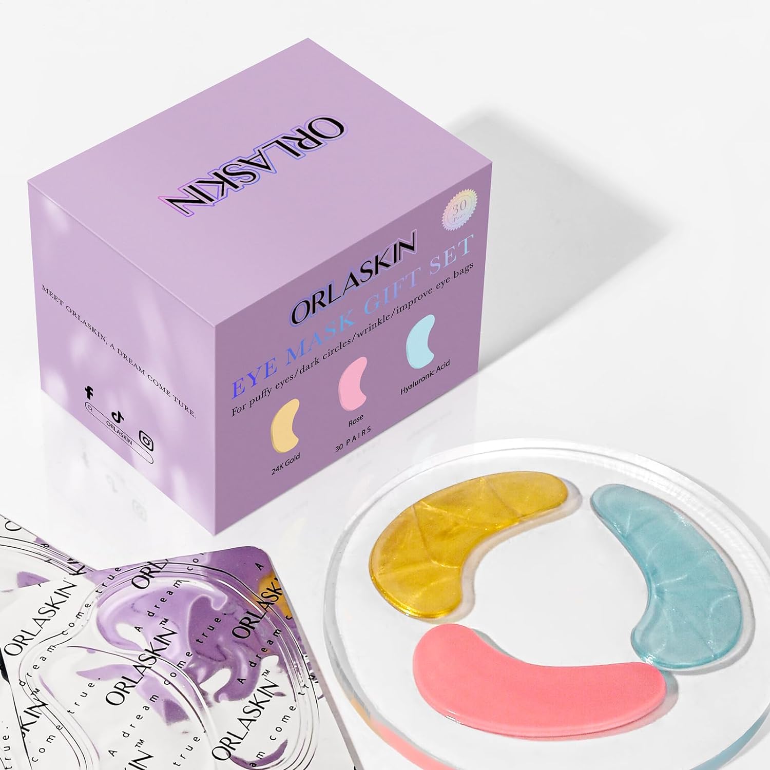 24K Gold Collagen Hyaluronic Acid Eye Patches - Soothing Relief for Puffy Eyes, Dark Circles & Wrinkles (30 Pairs)