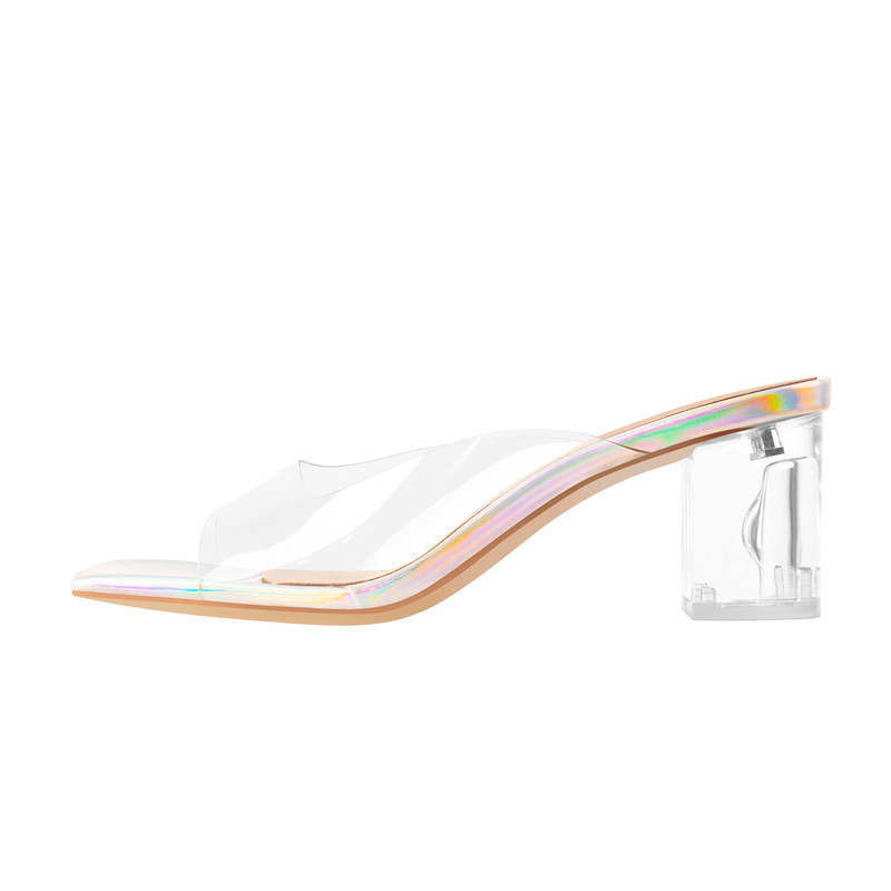 Holografische transparente Sandalen mit quadratischem Absatz Mules