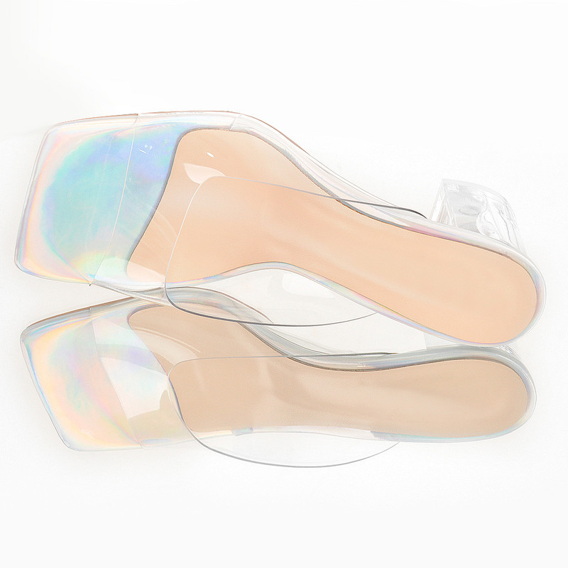 Holografische transparente Sandalen mit quadratischem Absatz Mules